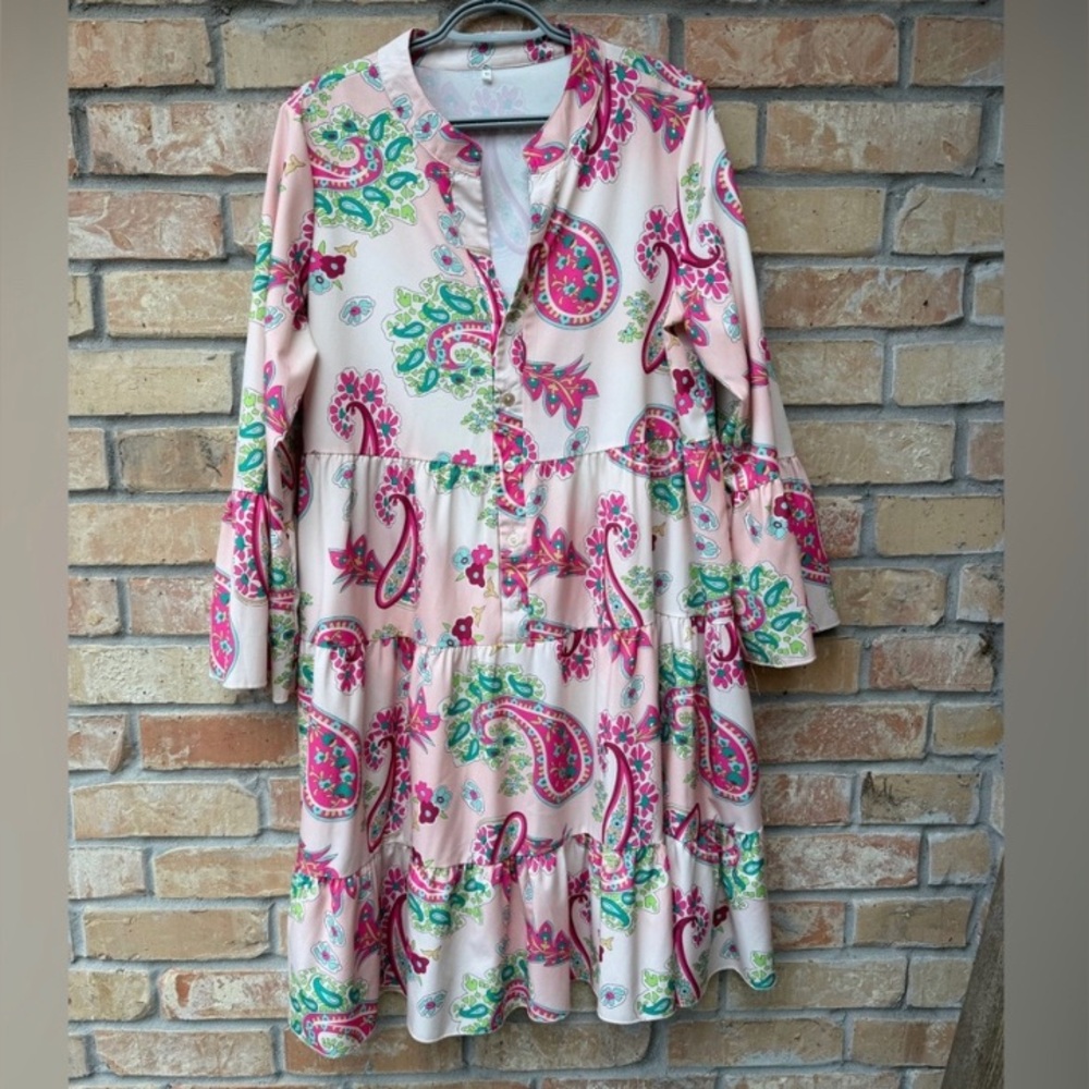 Pink Paisley Tiered Button-Front Dress